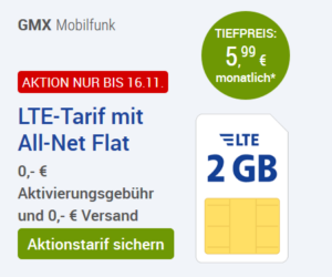 1&1-Handytarif für 5,99 Euro: 2GB, LTE, Allnet-Flat/ 5GB, 9,99 Euro.